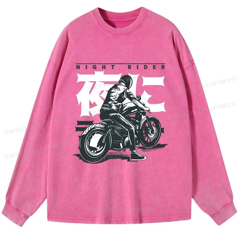 Tokyo-Tiger Motorcyclist Japanese Night Rider Washed Long Sleeve T-Shirt