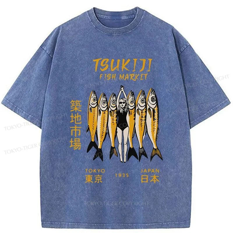 Tokyo-Tiger Fish At Tsukiji Market Washed T-Shirt