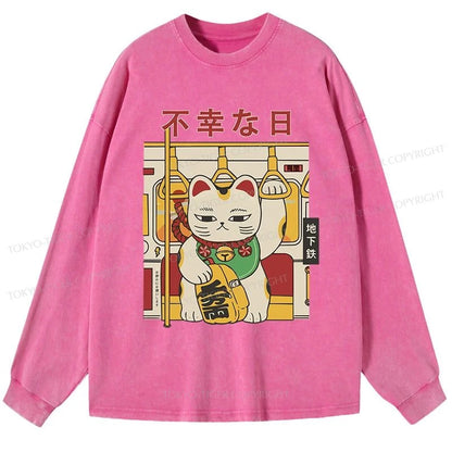 Tokyo-Tiger Lucky Cat Who Doesn't Want To Work Washed Long Sleeve T-Shirt