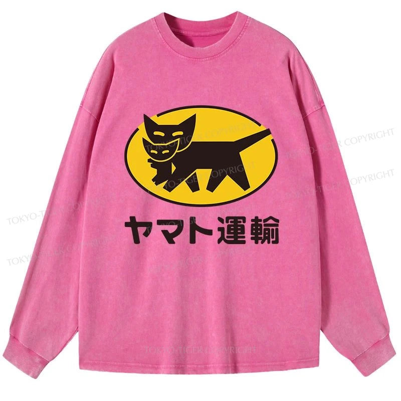 Tokyo-Tiger Black Cat Transport Pattern Japanese Washed Long Sleeve T-Shirt