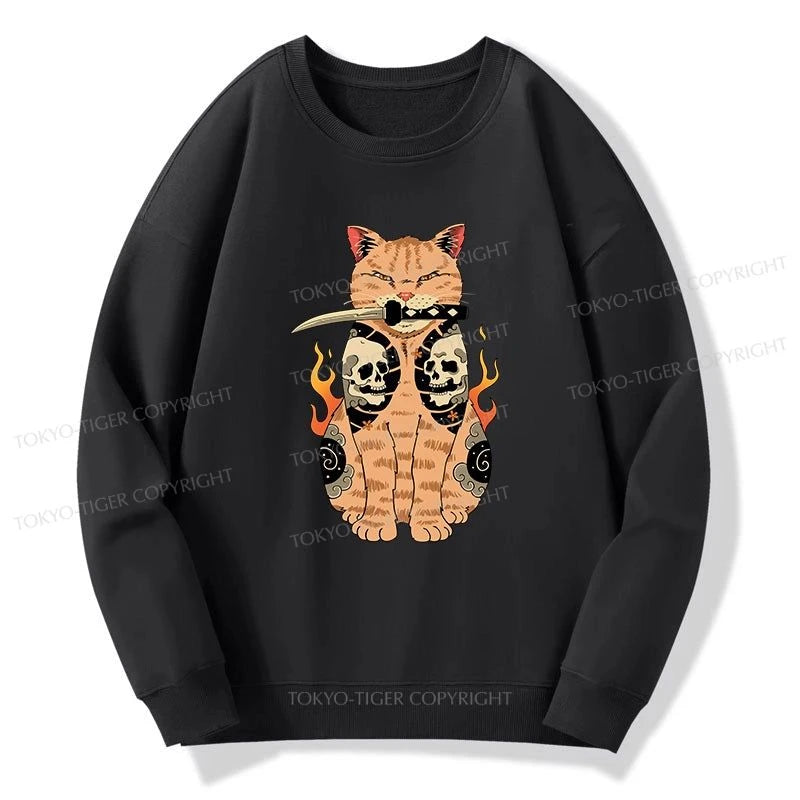 Tokyo-Tiger Catana Cat Skull Tattooed Samurai Sweatshirt