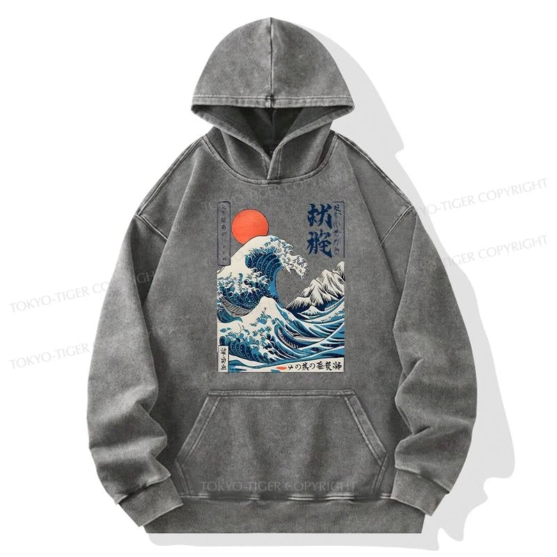 Tokyo-Tiger Ukiyo-e Ocean Waves Japan Washed Hoodie