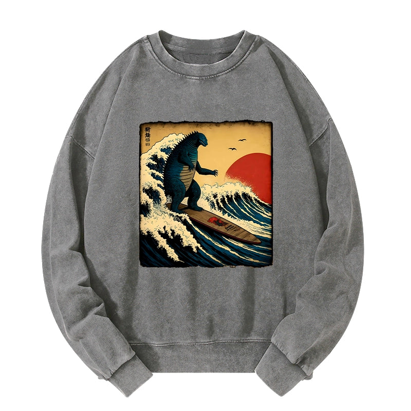 Tokyo-Tiger The Great Wave Godzilla Washed Sweatshirt