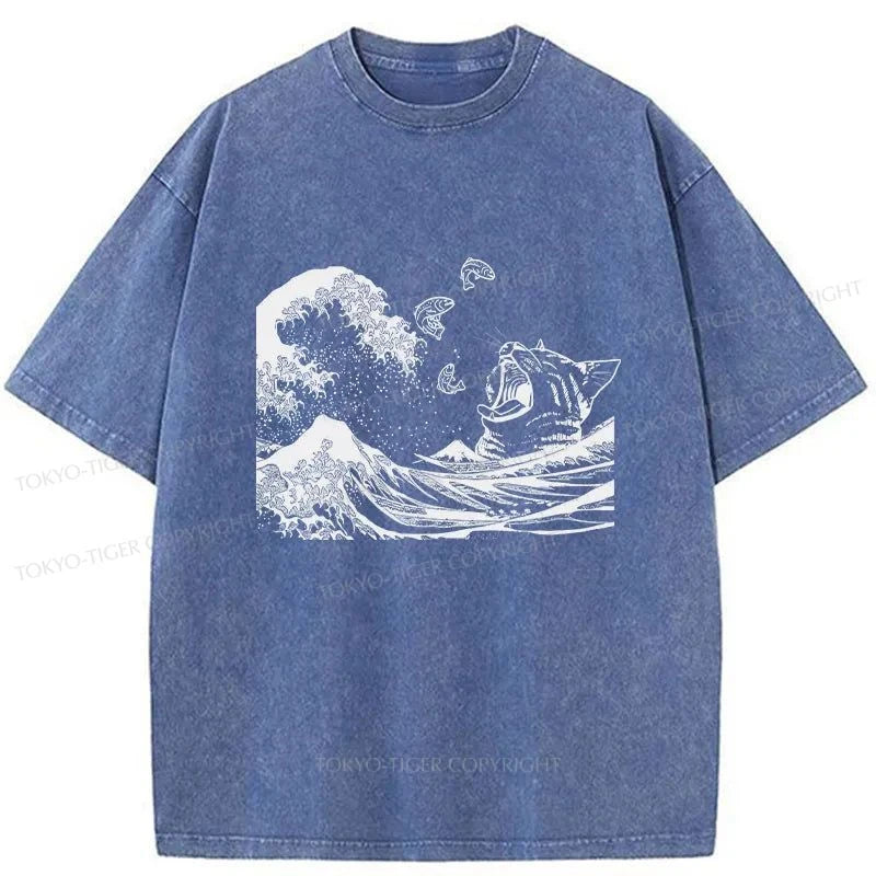 Tokyo-Tiger Wave And Cat Japanese Washed T-Shirt