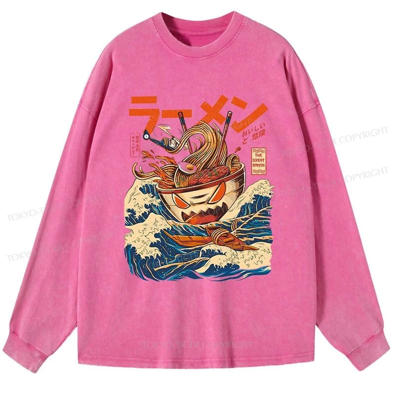 Tokyo-Tiger The Great Wave Ramen Kaiju Washed Long Sleeve T-Shirt