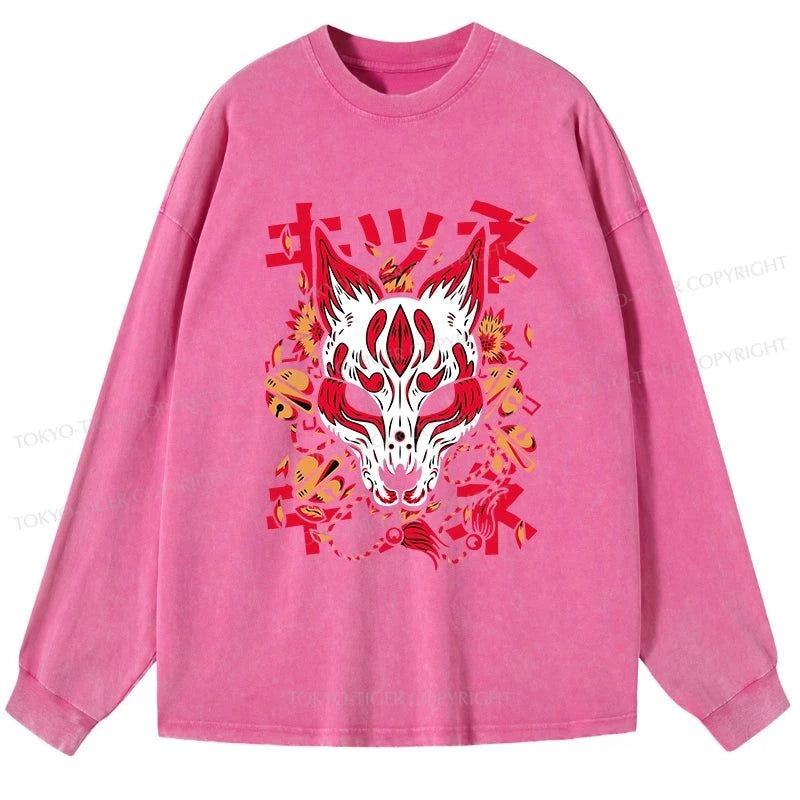 Tokyo-Tiger Japanese Kitsune Mask Washed Long Sleeve T-Shirt