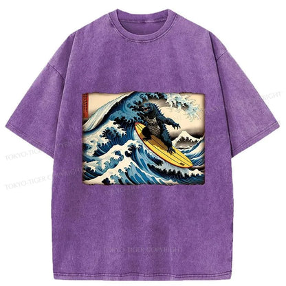 Tokyo-Tiger Dinosaur Surfing Japanese Washed T-Shirt