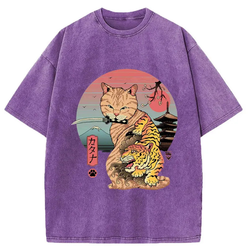 Tokyo-Tiger Katana Cat Tattoo Washed T-Shirt