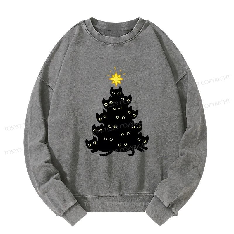 Tokyo-Tiger Black Cat Christmas Tree Washed Sweatshirt