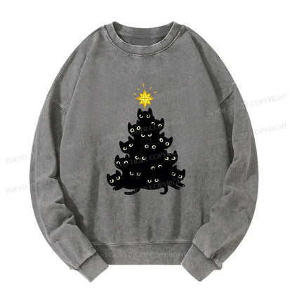 Tokyo-Tiger Black Cat Christmas Tree Washed Sweatshirt