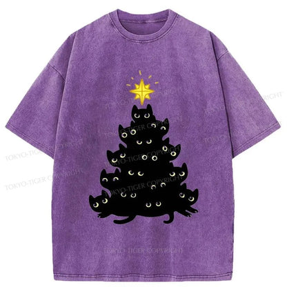 Tokyo-Tiger Black Cat Christmas Tree Washed T-Shirt