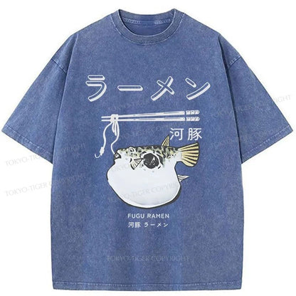 Tokyo-Tiger Pufferfish Eat Ramen Washed T-Shirt