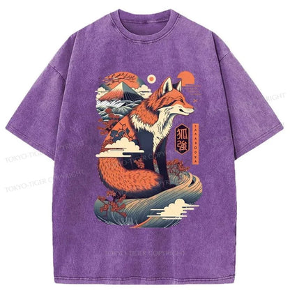 Tokyo-Tiger Japanese Kitsune Fox Wave Washed T-Shirt