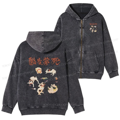 Tokyo-Tiger Drunken Cats Washed Zip Hoodie