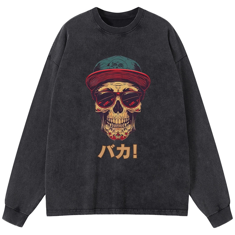 Tokyo-Tiger Fashion Skull Japanese Washed Long Sleeve T-Shirt