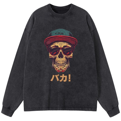 Tokyo-Tiger Fashion Skull Japanese Washed Long Sleeve T-Shirt