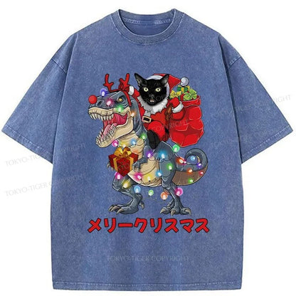 Tokyo-Tiger Cat Riding Dinosaur Christmas Washed T-Shirt