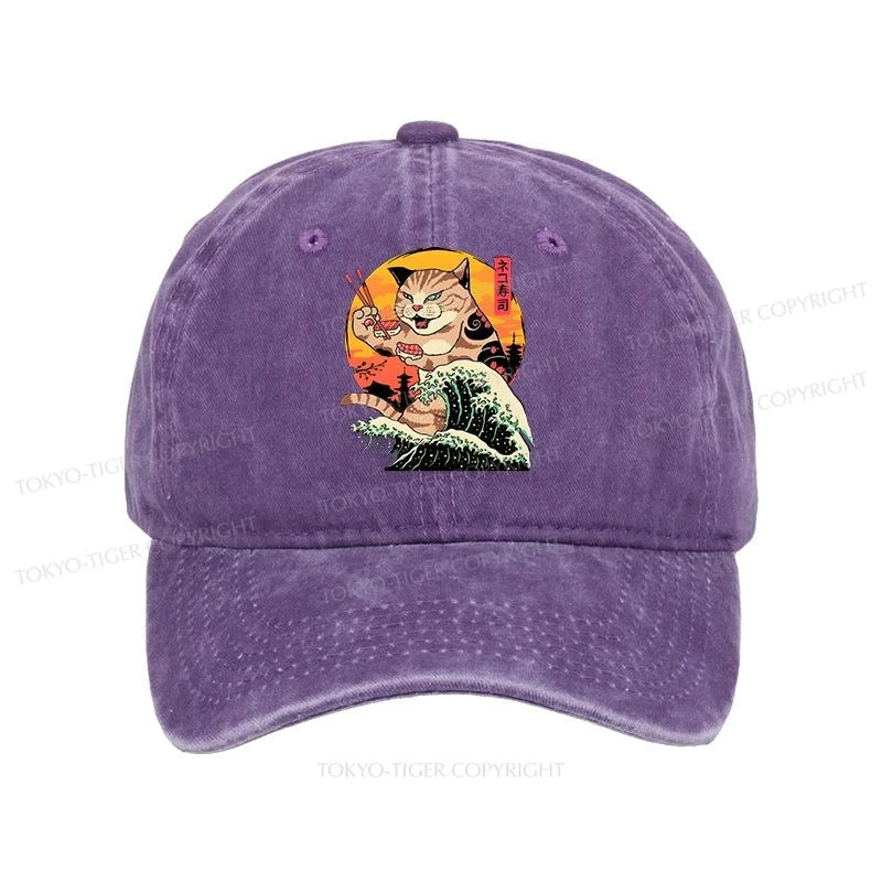 Tokyo-Tiger CatZilla Eating Sushi Japanese Wave Washed Cap