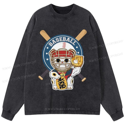 Tokyo-Tiger Janpaese Baseball Cat Washed Long Sleeve T-Shirt