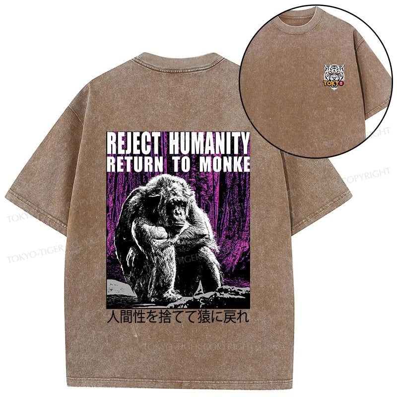 Tokyo-Tiger Reject Humanity Return To Monkey Japan Front Back Washed T-Shirt