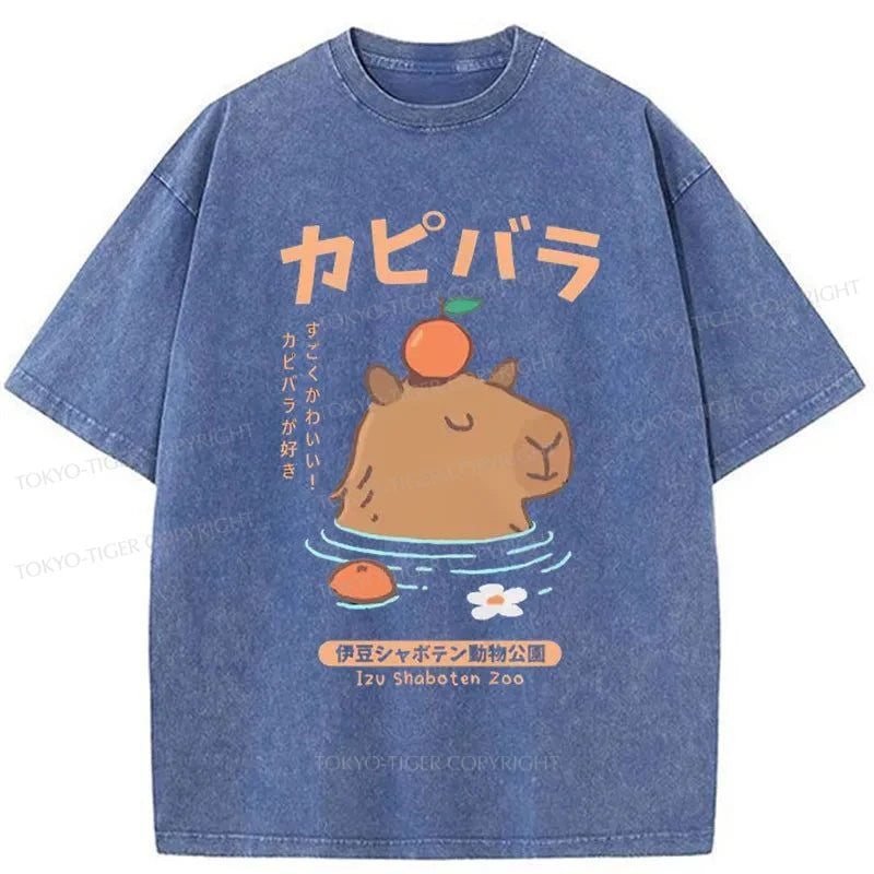 Tokyo-Tiger Capybara Soaking In Hot Springs Washed T-Shirt