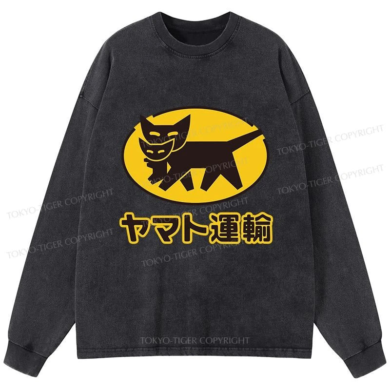 Tokyo-Tiger Black Cat Transport Pattern Japan Washed Long Sleeve T-Shirt