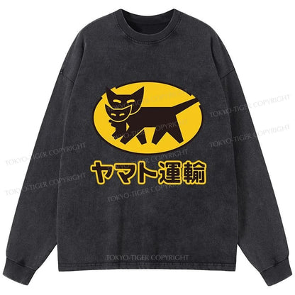 Tokyo-Tiger Black Cat Transport Pattern Japan Washed Long Sleeve T-Shirt