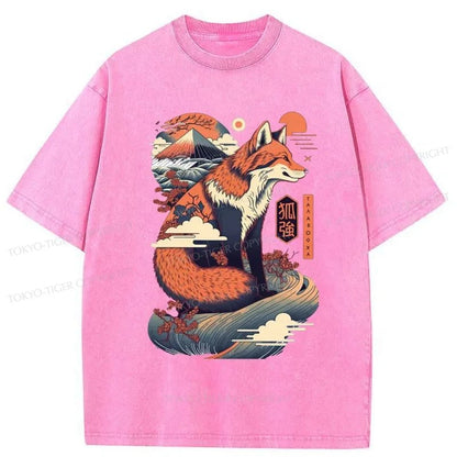 Tokyo-Tiger Japanese Kitsune Fox Wave Washed T-Shirt