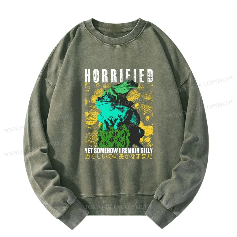 Tokyo-Tiger Horrified Two Frogs Funny Washed Sweatshirt