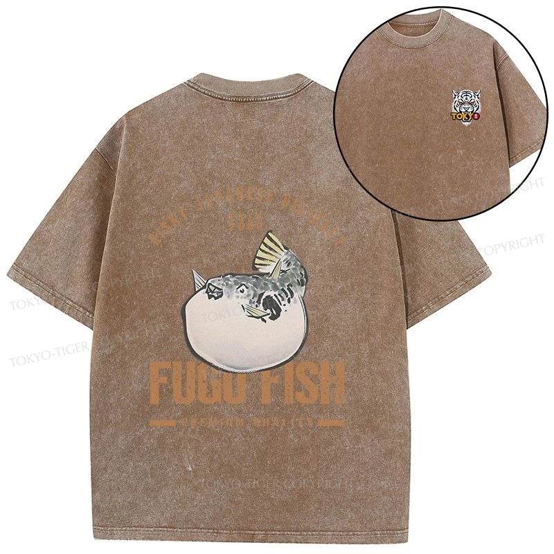 Tokyo-Tiger Fugu Fish Japanese Front Back Washed T-Shirt