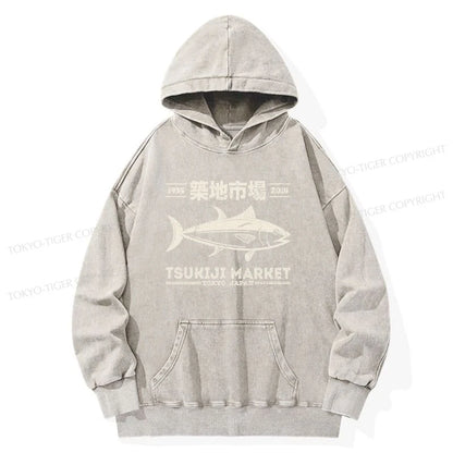 Tokyo-Tiger Retro Tsukiji Fish Market Streetwear Tokyo Washed Hoodie