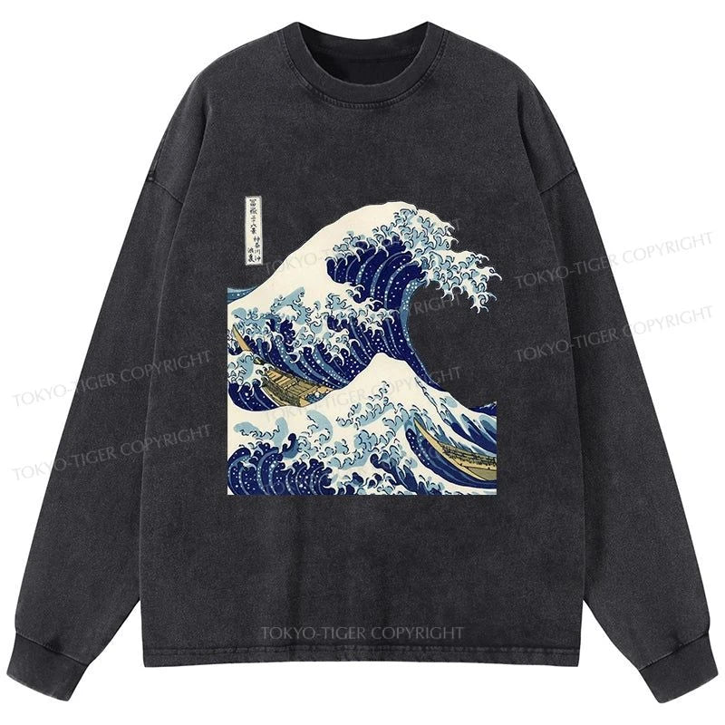 Tokyo-Tiger The Great Wave KanaGawa Washed Long Sleeve T-Shirt