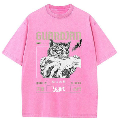 Tokyo-Tiger Guardian Cat Manga Washed T-Shirt