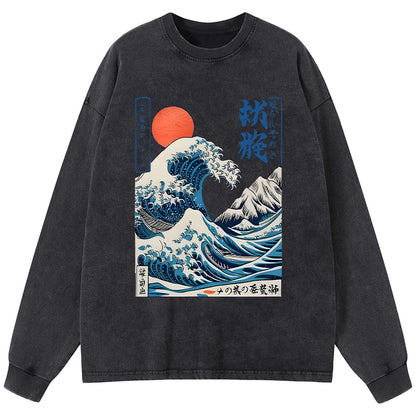 Tokyo-Tiger Ukiyo-e Ocean Waves Japan Washed Long Sleeve T-Shirt