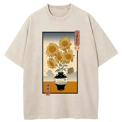 Tokyo-Tiger Sunflowers Ukiyo-e Washed T-Shirt