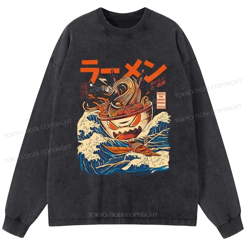 Tokyo-Tiger The Great Wave Ramen Kaiju Washed Long Sleeve T-Shirt