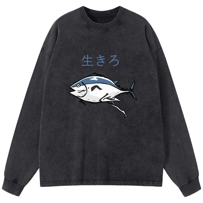 Tokyo-Tiger Running Fish Washed Long Sleeve T-Shirt