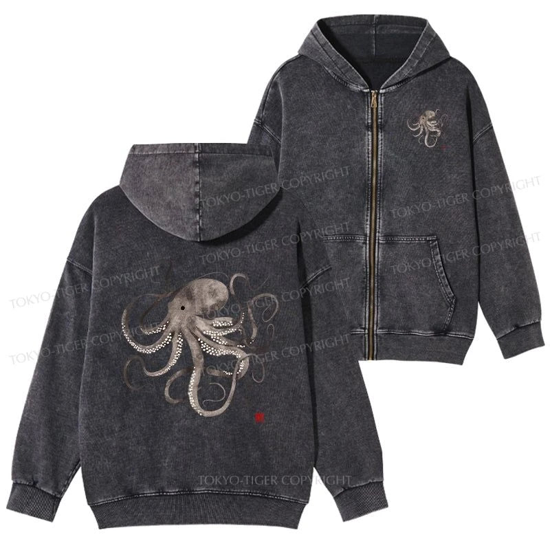 Tokyo-Tiger Octopus Japanese Calligraphy Washed Zip Hoodie