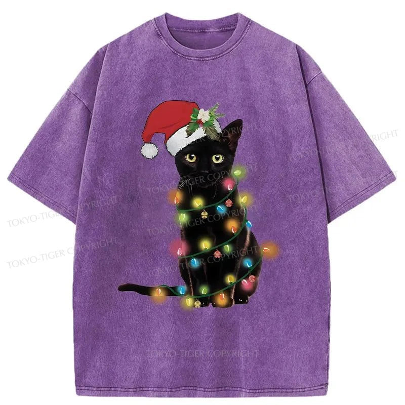 Tokyo-Tiger Cute Black Cat Christmas Washed T-Shirt