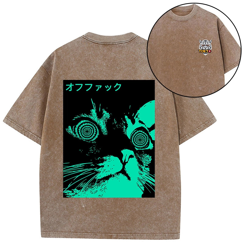 Tokyo-Tiger Cool Cat Japanese Front Back Washed T-Shirt