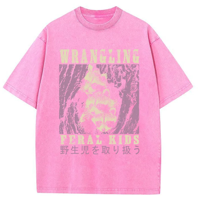 Tokyo-Tiger Wrangling Feral Raccoon Kids Washed T-Shirt