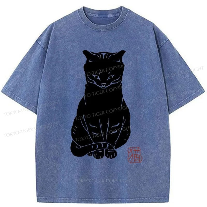 Tokyo-Tiger Black Cat Print Japanese Washed T-Shirt