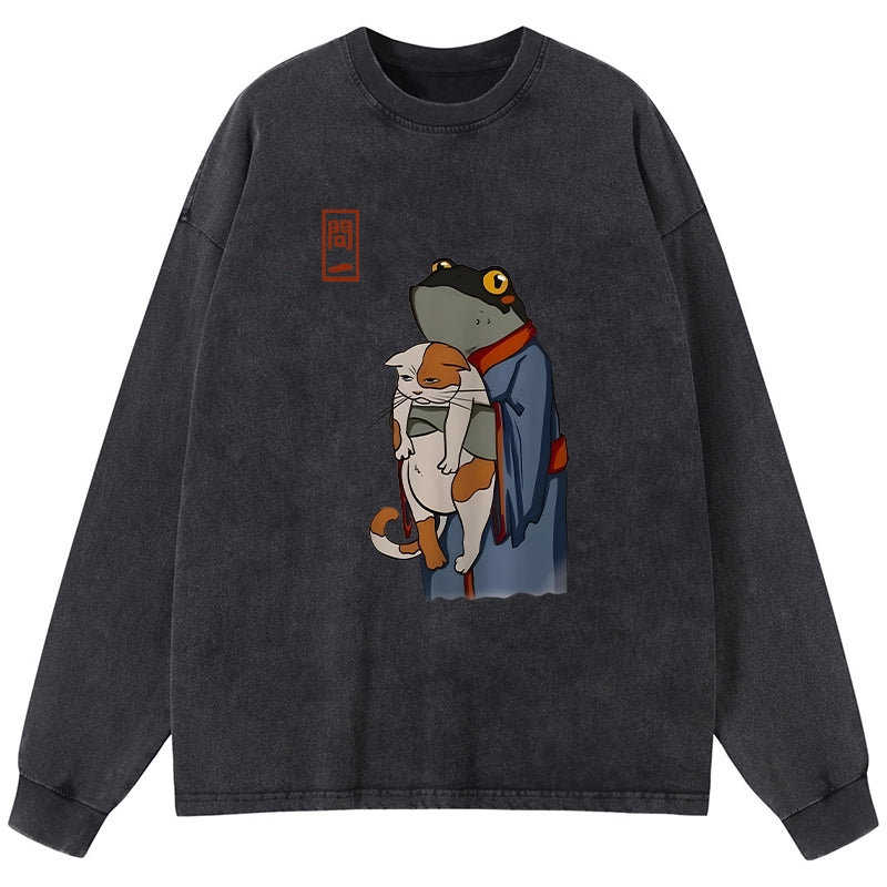 Tokyo-Tiger The Frog Holds The Cat Washed Long Sleeve T-Shirt