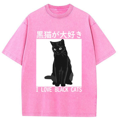 Tokyo-Tiger I LOVE BLACK CATS Japanese Washed T-Shirt