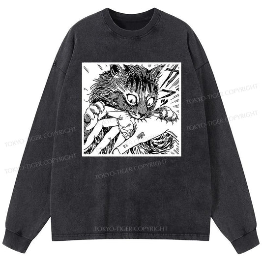 Tokyo-Tiger Creepy Cat Anime Horror Anteater Washed Long Sleeve T-Shirt