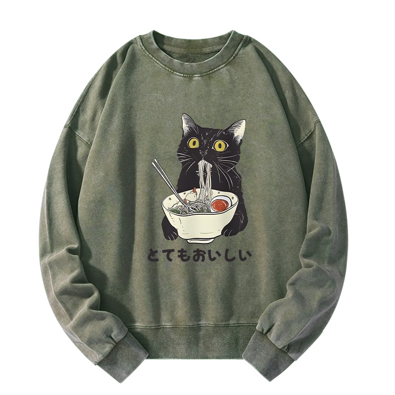 Tokyo-Tiger Cats Eat Ramen Noodles Washed Sweatshirt