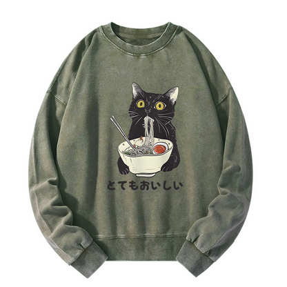 Tokyo-Tiger Cats Eat Ramen Noodles Washed Sweatshirt