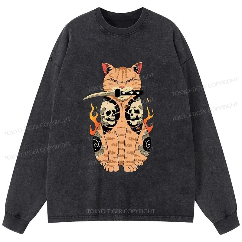 Tokyo-Tiger Catana Cat Skull Tattooed Samurai Washed Long Sleeve T-Shirt