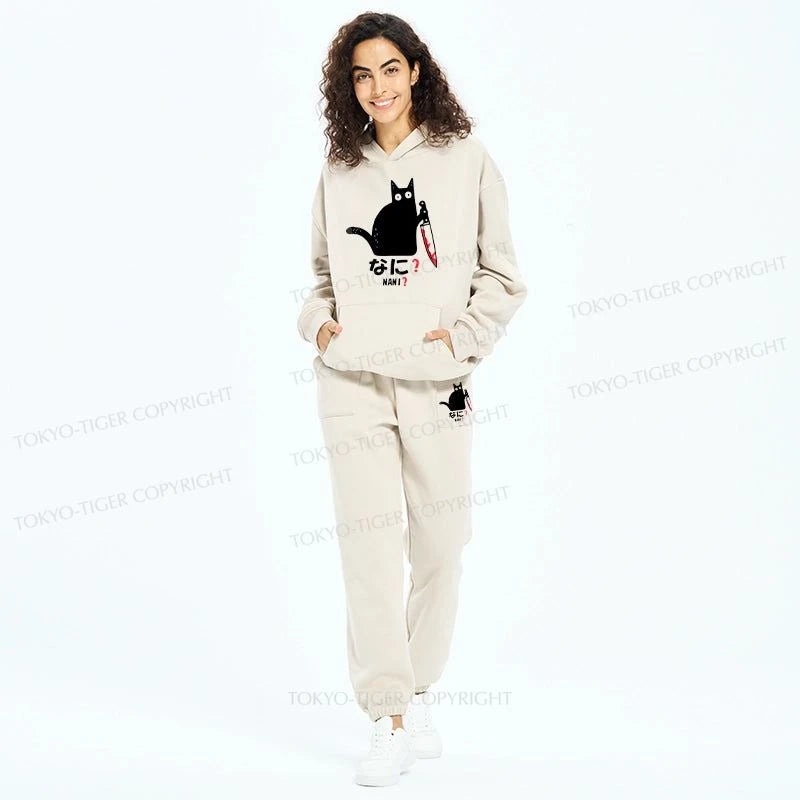 Tokyo-Tiger A Puzzled Cat Holding A Knife Fleece Lined Hoodie Set