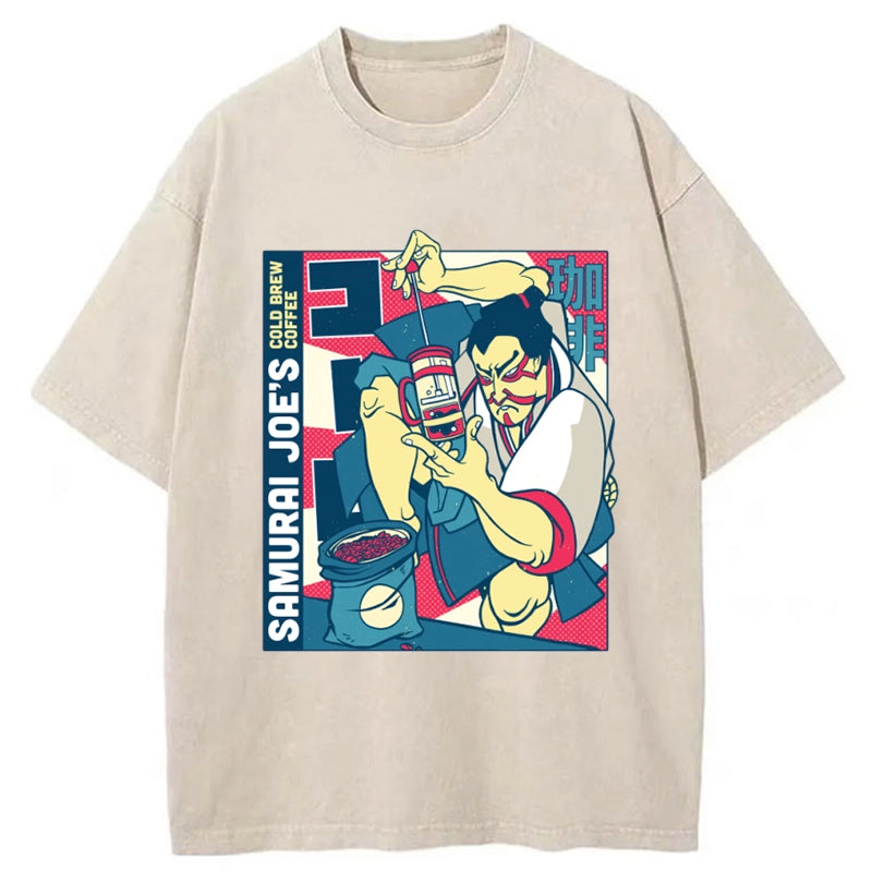 Tokyo-Tiger Samurai Coffee Funny Washed T-Shirt